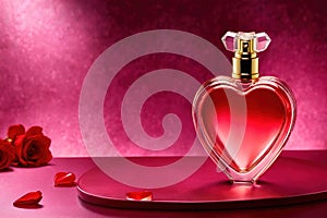 Product packaging mockup photo of Heart shaped bottle of perfume, studio advertising photoshoot