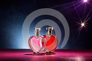 Product packaging mockup photo of Heart shaped bottle of perfume, studio advertising photoshoot