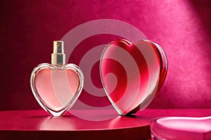 Product packaging mockup photo of Heart shaped bottle of perfume, studio advertising photoshoot