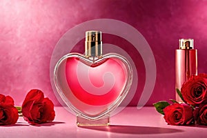 Product packaging mockup photo of Heart shaped bottle of perfume, studio advertising photoshoot