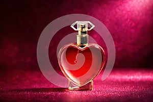 Product packaging mockup photo of Heart shaped bottle of perfume, studio advertising photoshoot