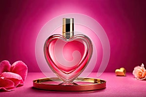 Product packaging mockup photo of Heart shaped bottle of perfume, studio advertising photoshoot