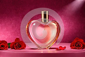 Product packaging mockup photo of Heart shaped bottle of perfume, studio advertising photoshoot