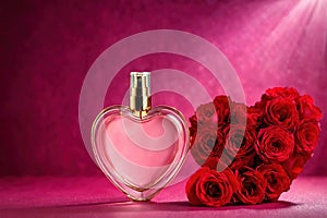 Product packaging mockup photo of Heart shaped bottle of perfume, studio advertising photoshoot