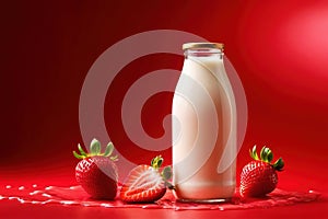 Product packaging mockup photo of Milk or yogurt in a bottle red strawberry. , studio advertising photoshoot