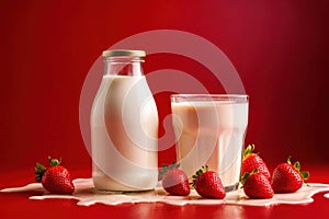 Product packaging mockup photo of Milk or yogurt in a bottle red strawberry. , studio advertising photoshoot