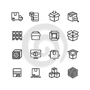 Product packing line icons. Box warehousing outline vector symbols