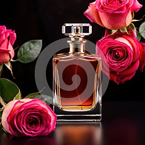 Product photography of luxurious perfume bottle with roses