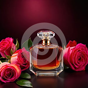 Product photography of luxurious perfume bottle with roses