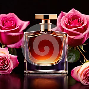 Product photography of luxurious perfume bottle with roses