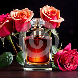 Product photography of luxurious perfume bottle with roses