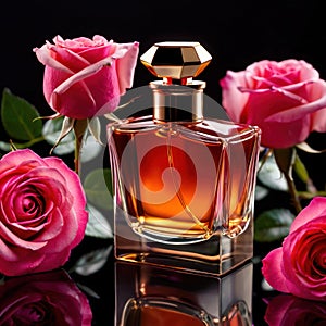 Product photography of luxurious perfume bottle with roses