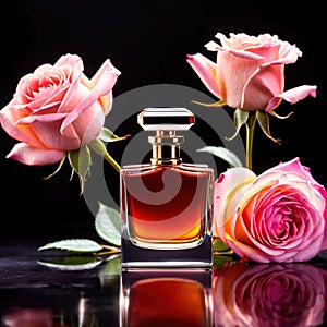 Product photography of luxurious perfume bottle with roses