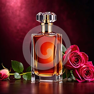 Product photography of luxurious perfume bottle with roses