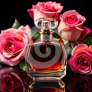 Product photography of luxurious perfume bottle with roses