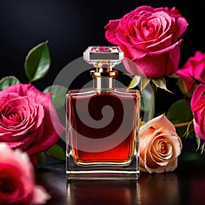 Product photography of luxurious perfume bottle with roses