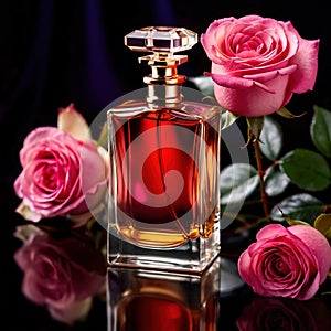 Product photography of luxurious perfume bottle with roses