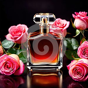 Product photography of luxurious perfume bottle with roses