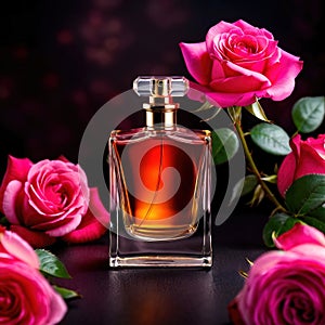 Product photography of luxurious perfume bottle with roses