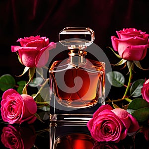 Product photography of luxurious perfume bottle with roses