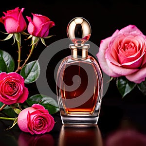 Product photography of luxurious perfume bottle with roses