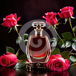 Product photography of luxurious perfume bottle with roses