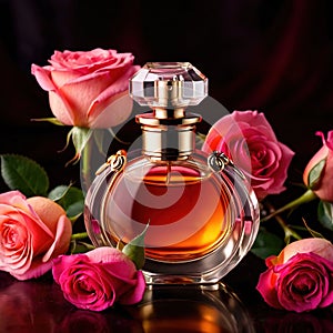 Product photography of luxurious perfume bottle with roses