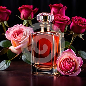 Product photography of luxurious perfume bottle with roses