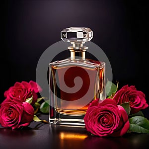 Product photography of luxurious perfume bottle with roses