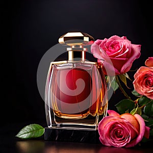 Product photography of luxurious perfume bottle with roses