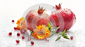 Product Photography of Pomegranates and calendula flowers on White Background, Minimalist Style, Real Fruit, Wet Details