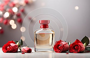 Product photography, red blank parfume bottle and red roses card, banner design