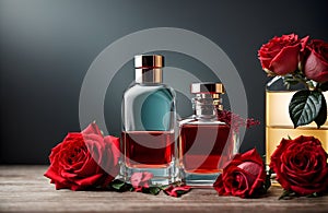 Product photography, red blank parfume bottle and red roses card, banner design