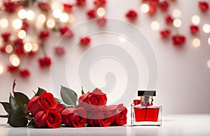 Product photography, red blank parfume bottle and red roses card, banner design