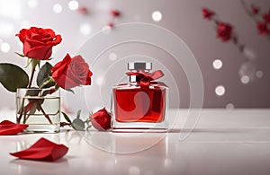 Product photography, red blank parfume bottle and red roses card, banner design