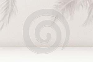 Product placement background with palm leaves shadow on beige cement wall texture