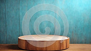 Product placement background with wooden plate table top and rustic blue wall.