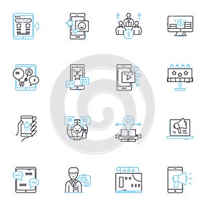 Product placement linear icons set. Integration, Advertising, Branding, Exposure, Infiltration, Promotion, Engagement