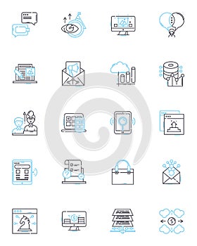 Product placement linear icons set. Integration, Advertising, Branding, Exposure, Infiltration, Promotion, Engagement