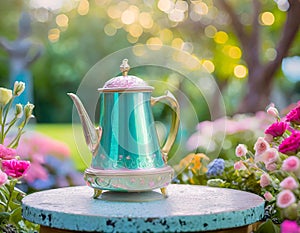 a product podium adorned with a delicate metallic kettle