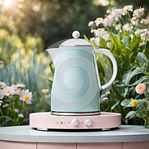 a product podium adorned with a delicate metallic kettle inspired by Dieter Rams, set amidst a garden scene with soft pastel