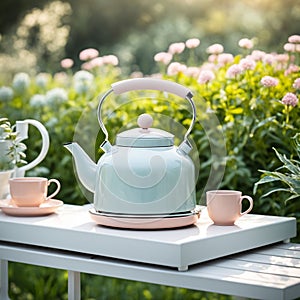 a product podium adorned with a delicate metallic kettle inspired by Dieter Rams, set amidst a garden scene with soft pastel