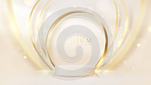Product podium on golden circle with blurred curve line and bokeh arounds elements, Luxury cream color backdrop, Realistic 3d