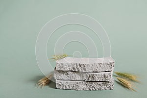 Product podium, grungy concrete stone, dry bent plant in foreground. Background green color for cosmetics presentation.