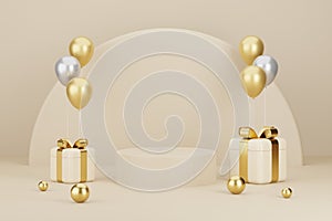 Product Podium with New Year Gifts and Balloons background.