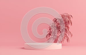 Product Podium - Pink Podium, Pink Background With Plants. 3D Illustration