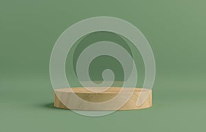 Product Podium - Wooden Podium, Green Reflective Background. 3D Illustration