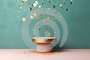 Product presentation mock-up. Pink and golden podium with confetti and copy space. Stage, display, showroom. Generative AI