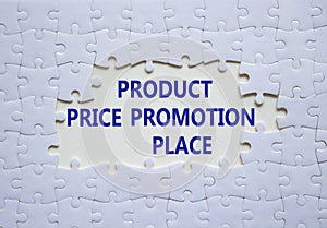 Product Price Promotion Place symbol. White puzzle with words Product Price Promotion Place. Beautiful white background. Business