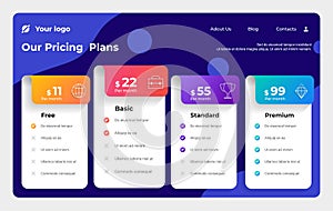 Product price table. Business subscription plan comparison spreadsheet with features checklist and discount pricing tabs